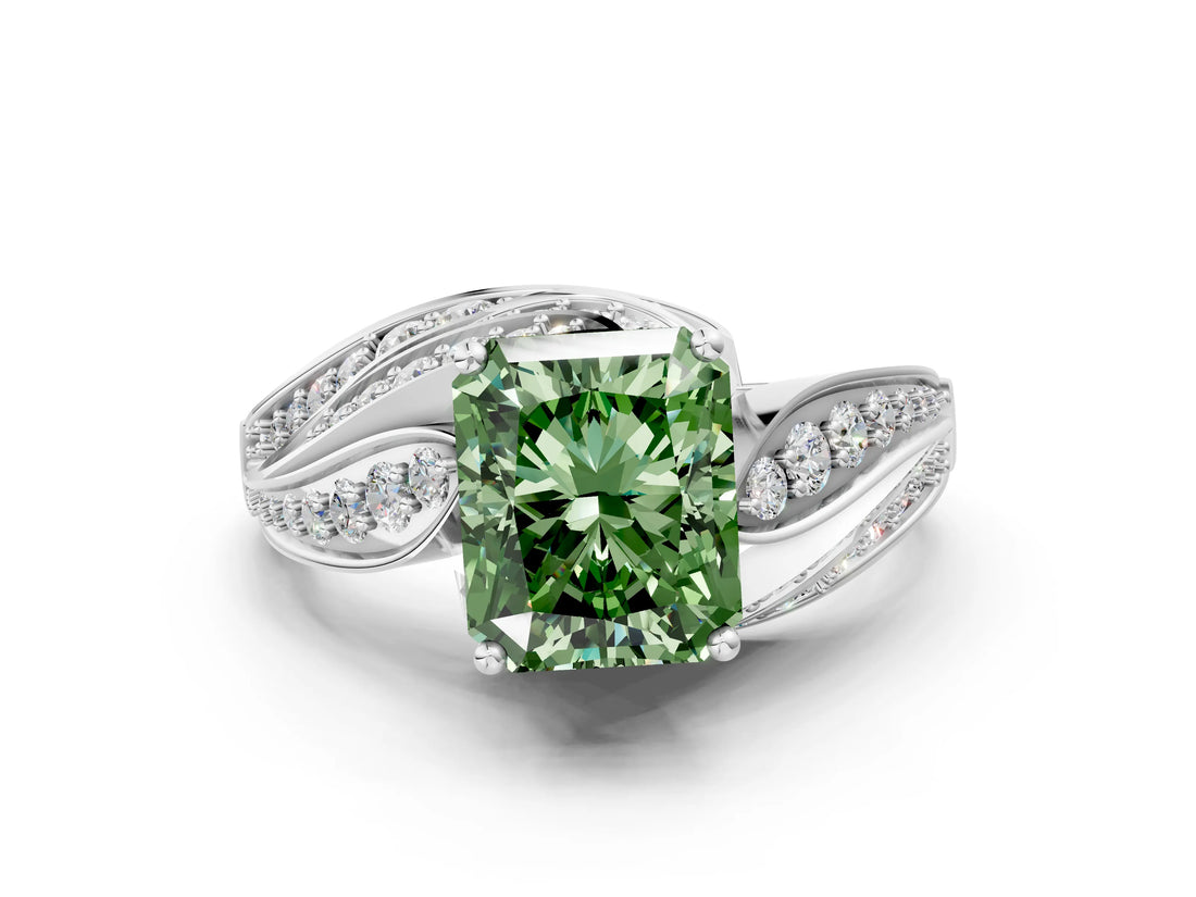 White gold Fancy Green Radiant Cut Diamond Solitaire Ring with Prong Setting and Twisted Pavé Band_12
