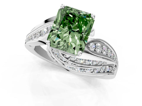 White gold Fancy Green Radiant Cut Diamond Solitaire Ring with Prong Setting and Twisted Pavé Band_13