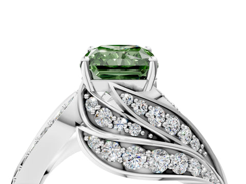 White gold Fancy Green Radiant Cut Diamond Solitaire Ring with Prong Setting and Twisted Pavé Band_16
