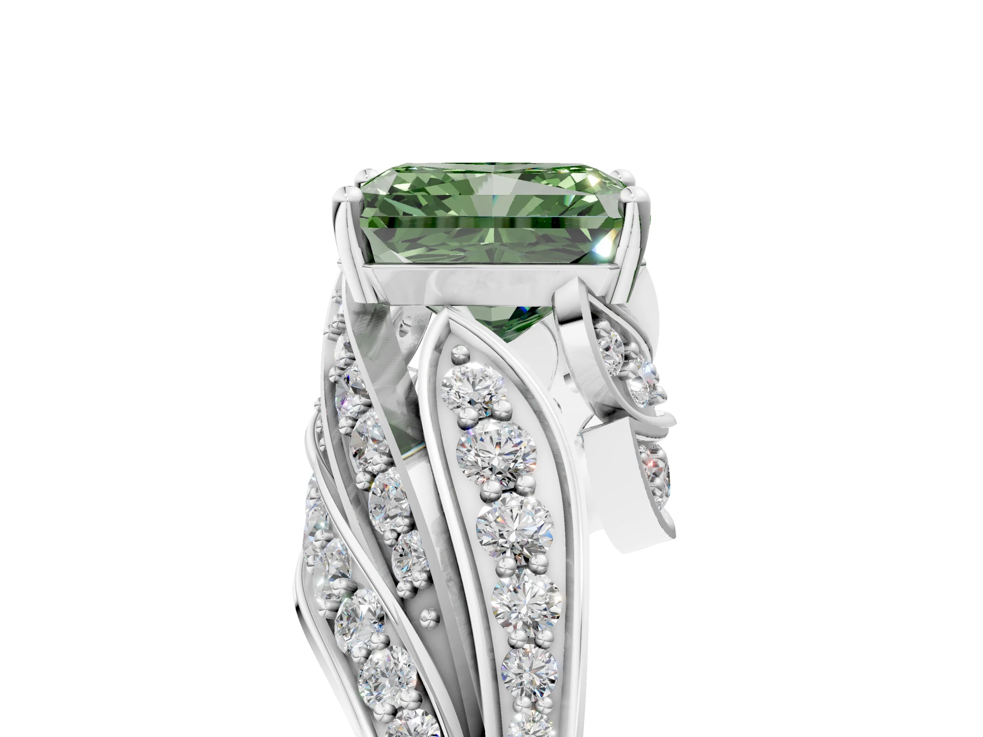 White gold Fancy Green Radiant Cut Diamond Solitaire Ring with Prong Setting and Twisted Pavé Band_17