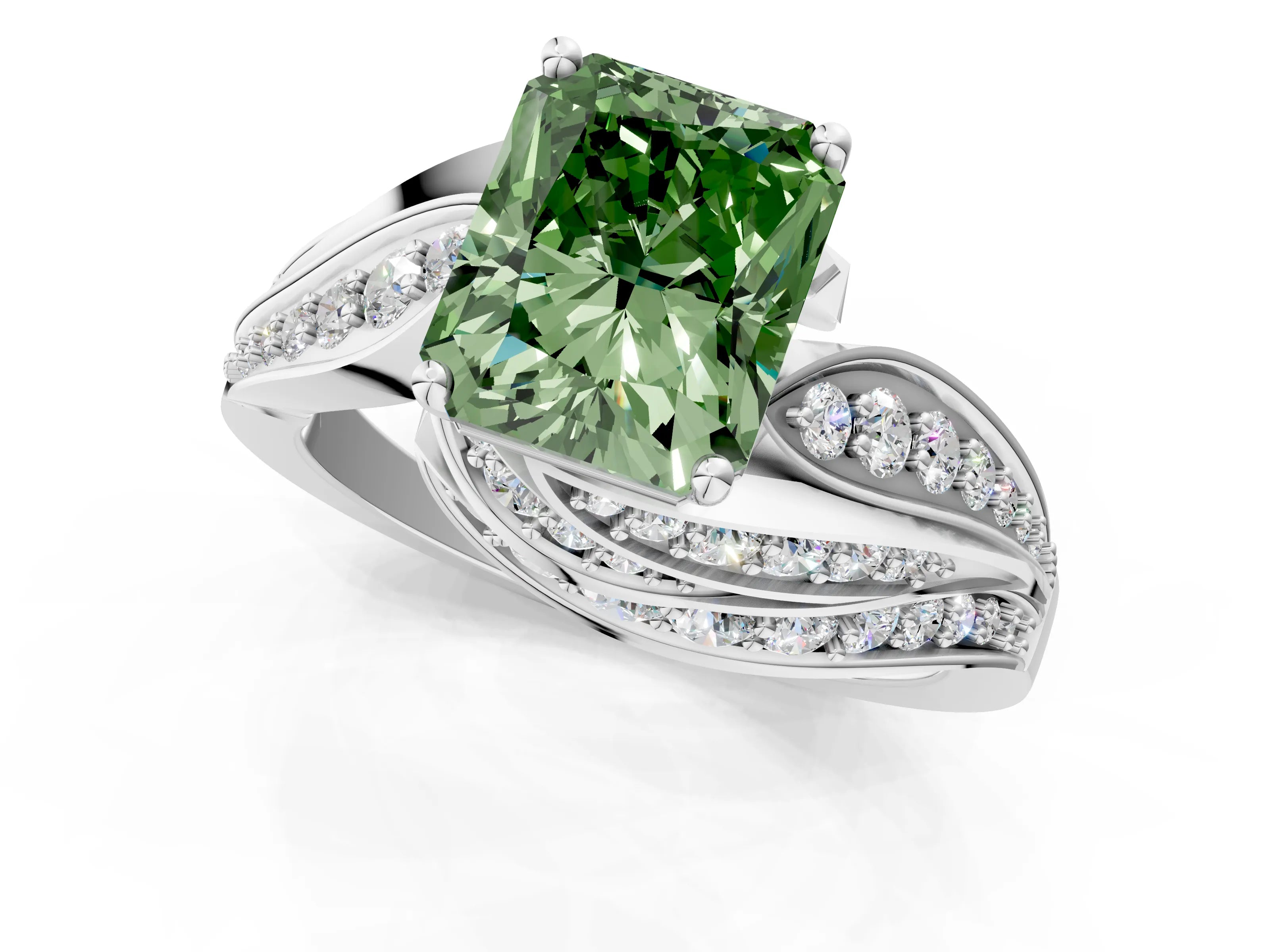 White gold Fancy Green Radiant Cut Diamond Solitaire Ring with Prong Setting and Twisted Pavé Band_1