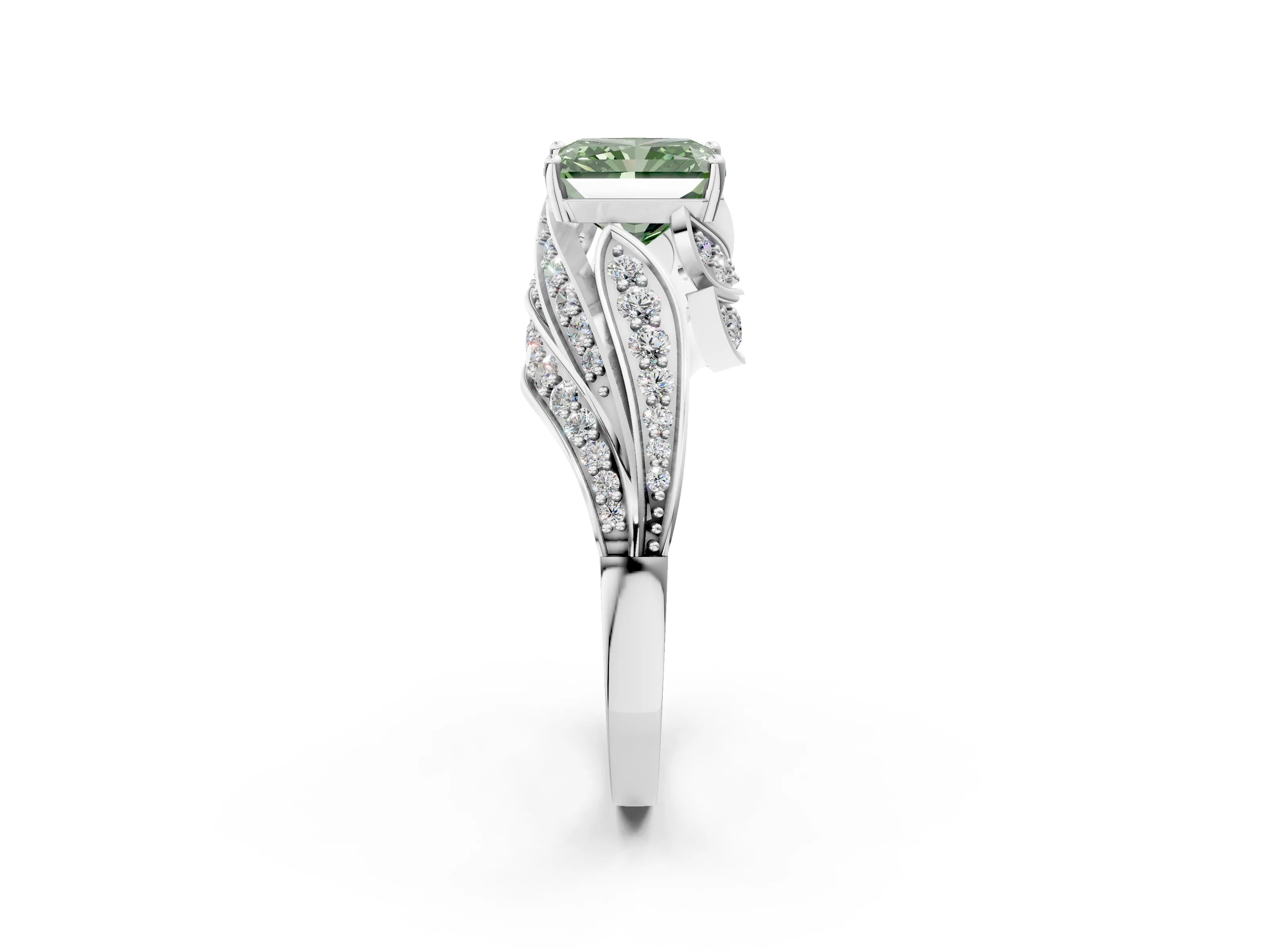 White gold Fancy Green Radiant Cut Diamond Solitaire Ring with Prong Setting and Twisted Pavé Band_2