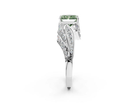 White gold Fancy Green Radiant Cut Diamond Solitaire Ring with Prong Setting and Twisted Pavé Band_2