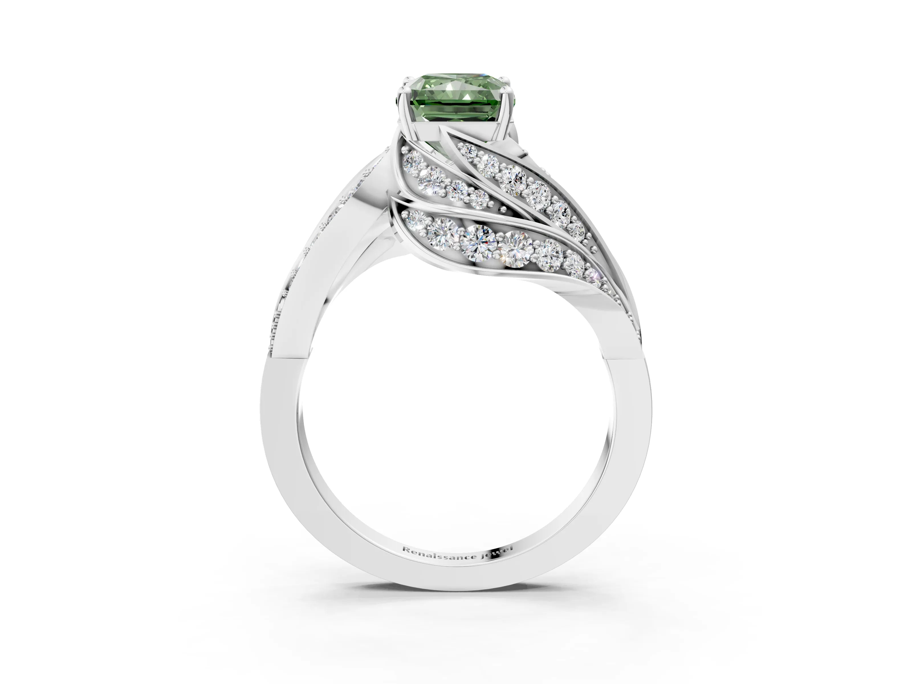 White gold Fancy Green Radiant Cut Diamond Solitaire Ring with Prong Setting and Twisted Pavé Band_3