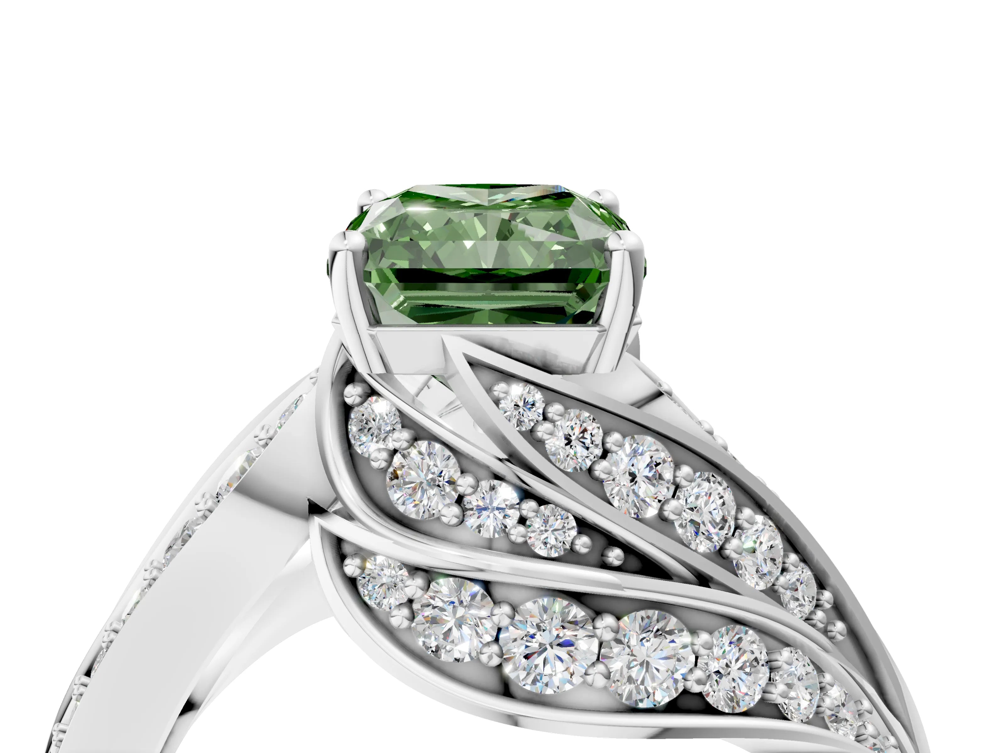 White gold Fancy Green Radiant Cut Diamond Solitaire Ring with Prong Setting and Twisted Pavé Band_4