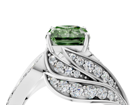 White gold Fancy Green Radiant Cut Diamond Solitaire Ring with Prong Setting and Twisted Pavé Band_4