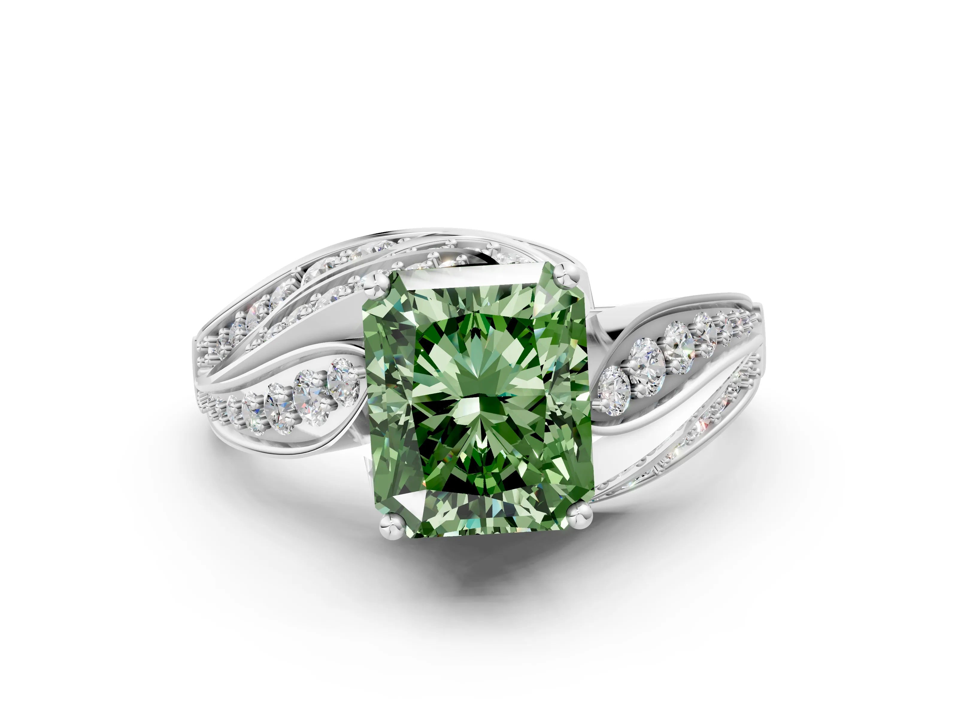 White gold Fancy Green Radiant Cut Diamond Solitaire Ring with Prong Setting and Twisted Pavé Band