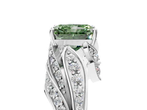 White gold Fancy Green Radiant Cut Diamond Solitaire Ring with Prong Setting and Twisted Pavé Band_5