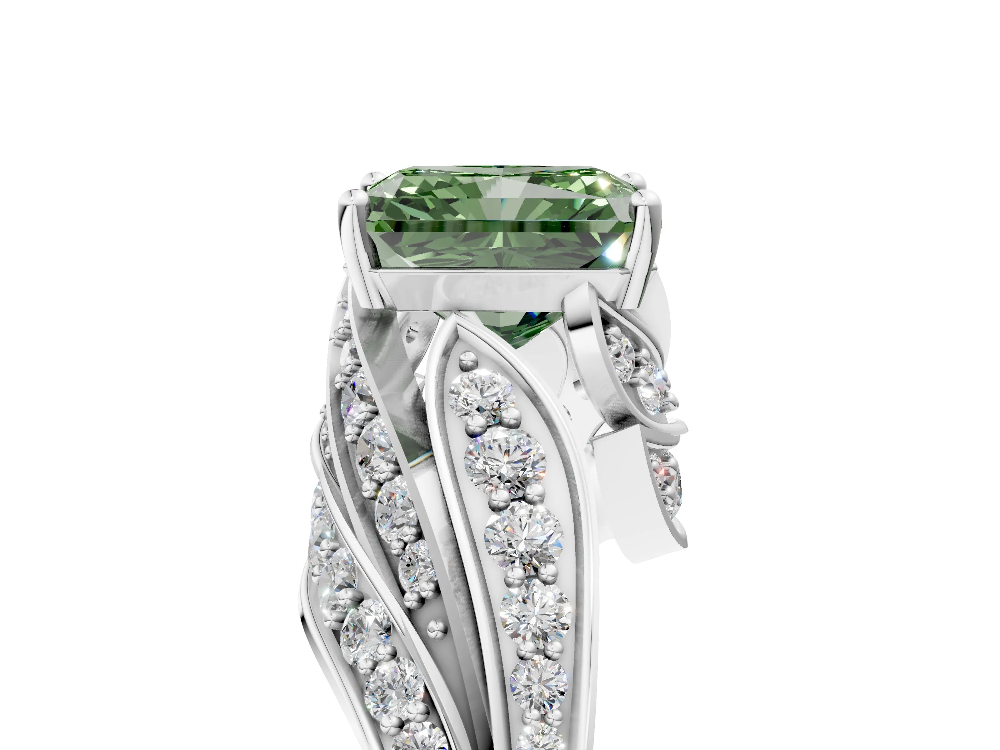 White gold Fancy Green Radiant Cut Diamond Solitaire Ring with Prong Setting and Twisted Pavé Band_5