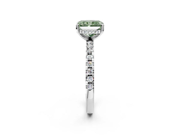 White Gold Radiant Cut Hidden Halo Solitaire Engagement Ring Setting for Fancy Green Center with Single Row Pave Band