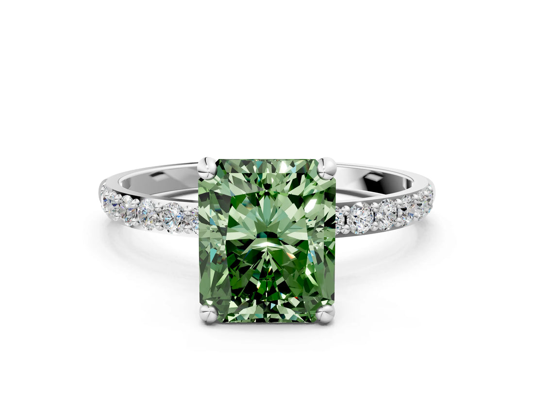 White gold Fancy Green Radiant Cut Diamond Solitaire Ring with Round  Pavé Band and Prong Setting_215