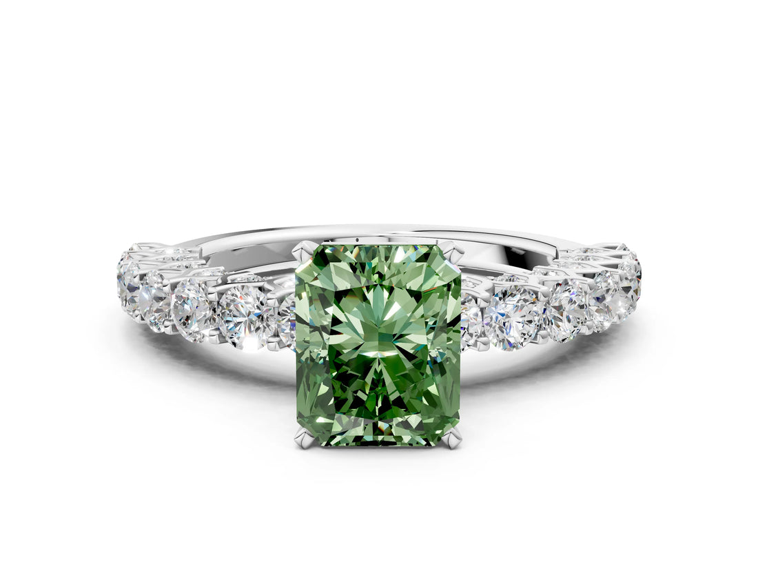White gold Fancy Green Radiant Cut Diamond Solitaire Ring with Shared Prong Pavé Band and Four-Prong Setting_70