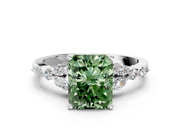 White gold Fancy Green Radiant Cut Diamond Solitaire Ring with Side Stones and Four-Prong Setting