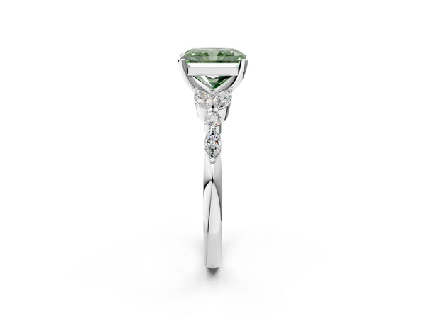 White gold Fancy Green Radiant Cut Diamond Solitaire Ring with Side Stones and Four-Prong Setting