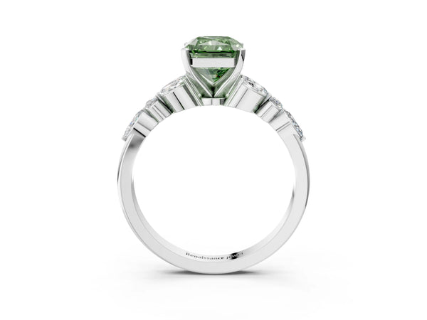 White gold Fancy Green Radiant Cut Diamond Solitaire Ring with Side Stones and Four-Prong Setting