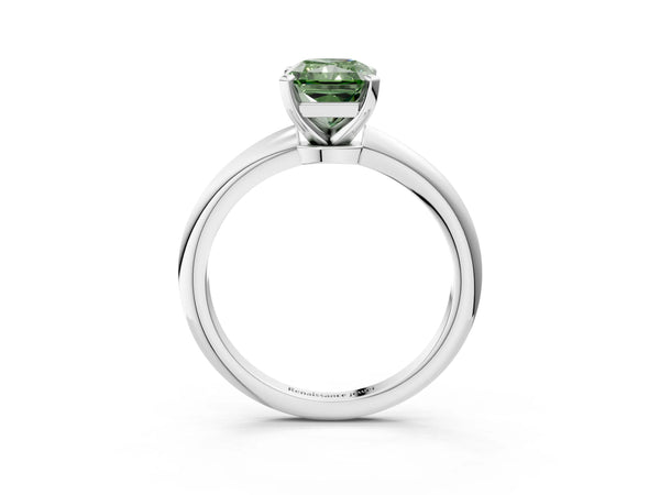 Platinum Fancy Green Radiant Cut Diamond Solitaire Ring with Six-Prong Setting and Classic Band
