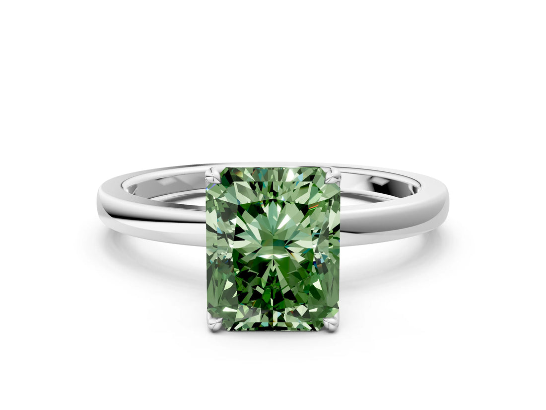 White gold Fancy Green Radiant Cut Diamond Solitaire Ring with Thin Band and Prong Setting_13