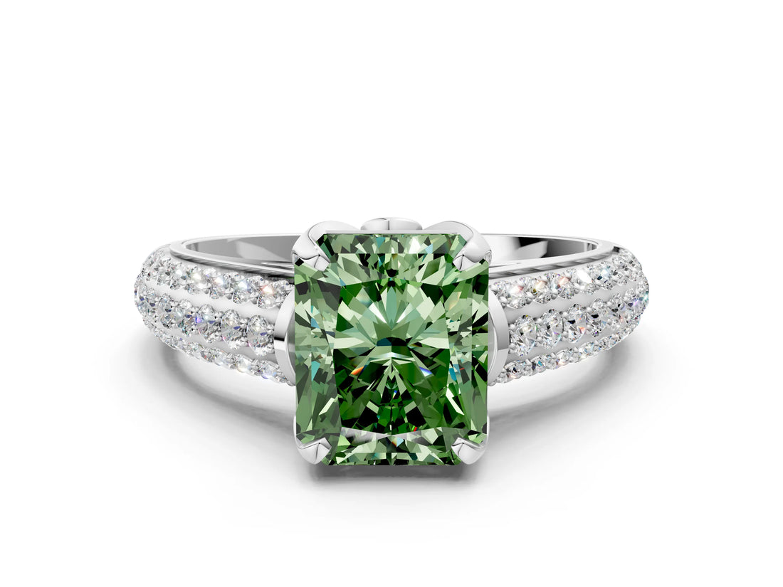 White gold Fancy Green Radiant Cut Diamond Solitaire Ring with Three-Row Pavé Band and Four-Prong Setting_49
