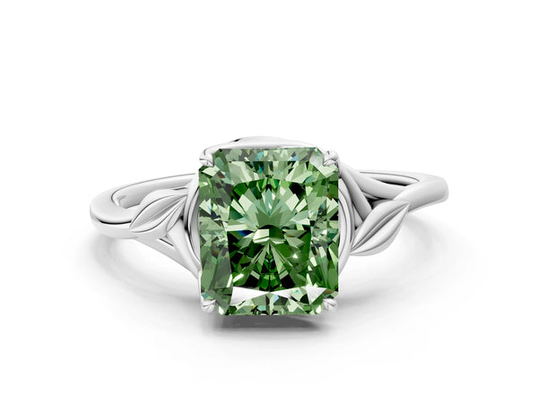 Platinum Fancy Green Radiant Cut Diamond Solitaire Ring with Twist Band and Four-Prong Setting