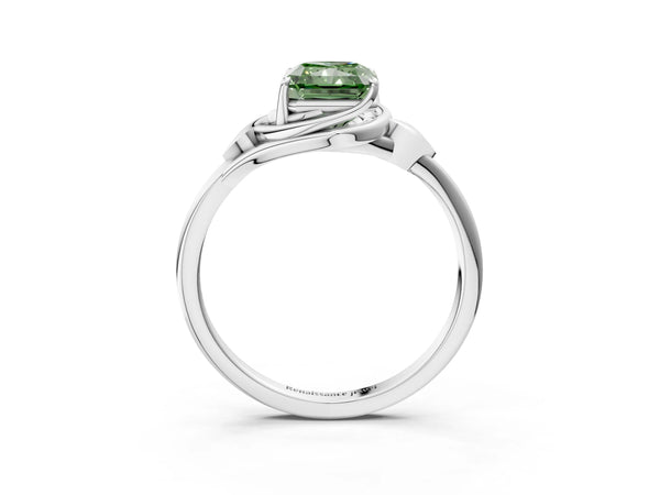Platinum Fancy Green Radiant Cut Diamond Solitaire Ring with Twist Band and Four-Prong Setting