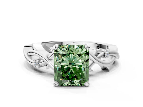 White gold Fancy Green Radiant Cut Diamond Solitaire Ring with Twisted Band and Prong Setting_236