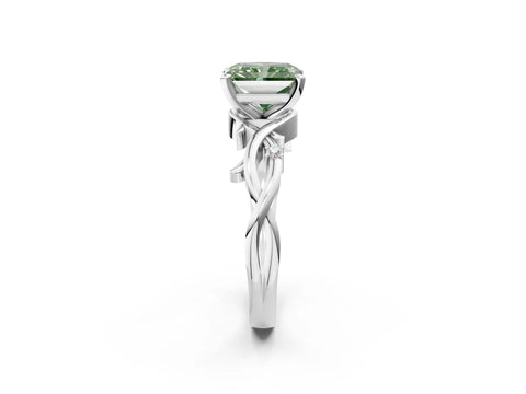 White gold Fancy Green Radiant Cut Diamond Solitaire Ring with Twisted Band and Prong Setting_237