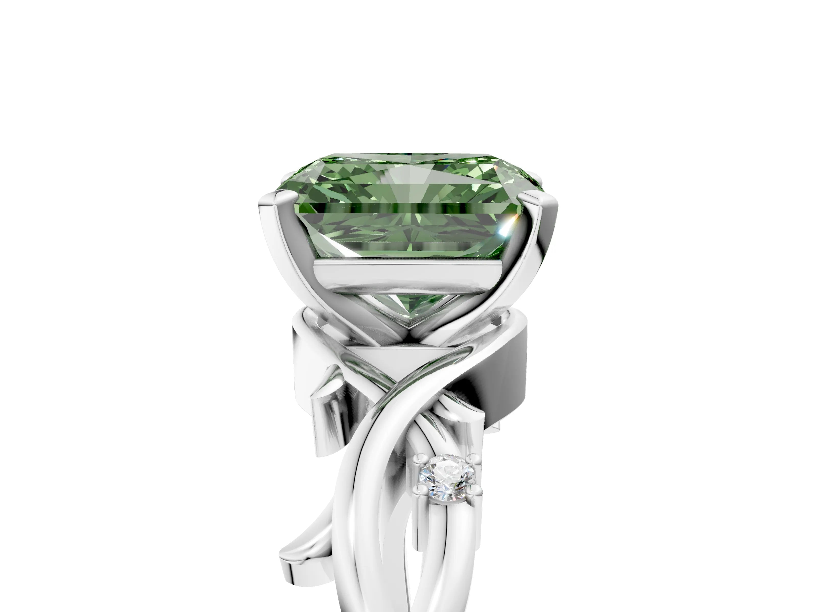 White gold Fancy Green Radiant Cut Diamond Solitaire Ring with Twisted Band and Prong Setting_240