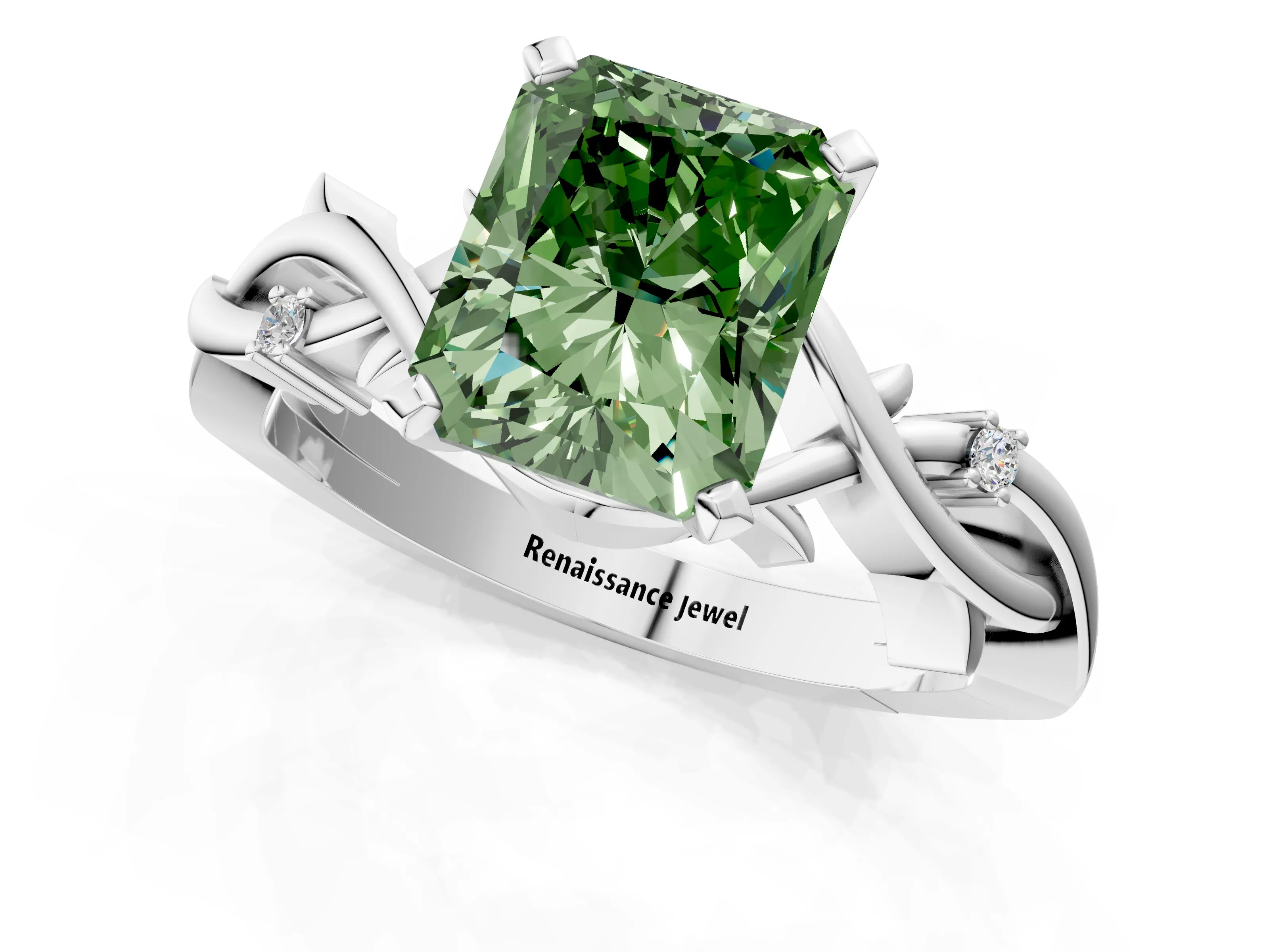 White gold Fancy Green Radiant Cut Diamond Solitaire Ring with Twisted Band and Prong Setting_243