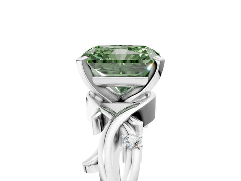 White gold Fancy Green Radiant Cut Diamond Solitaire Ring with Twisted Band and Prong Setting_246