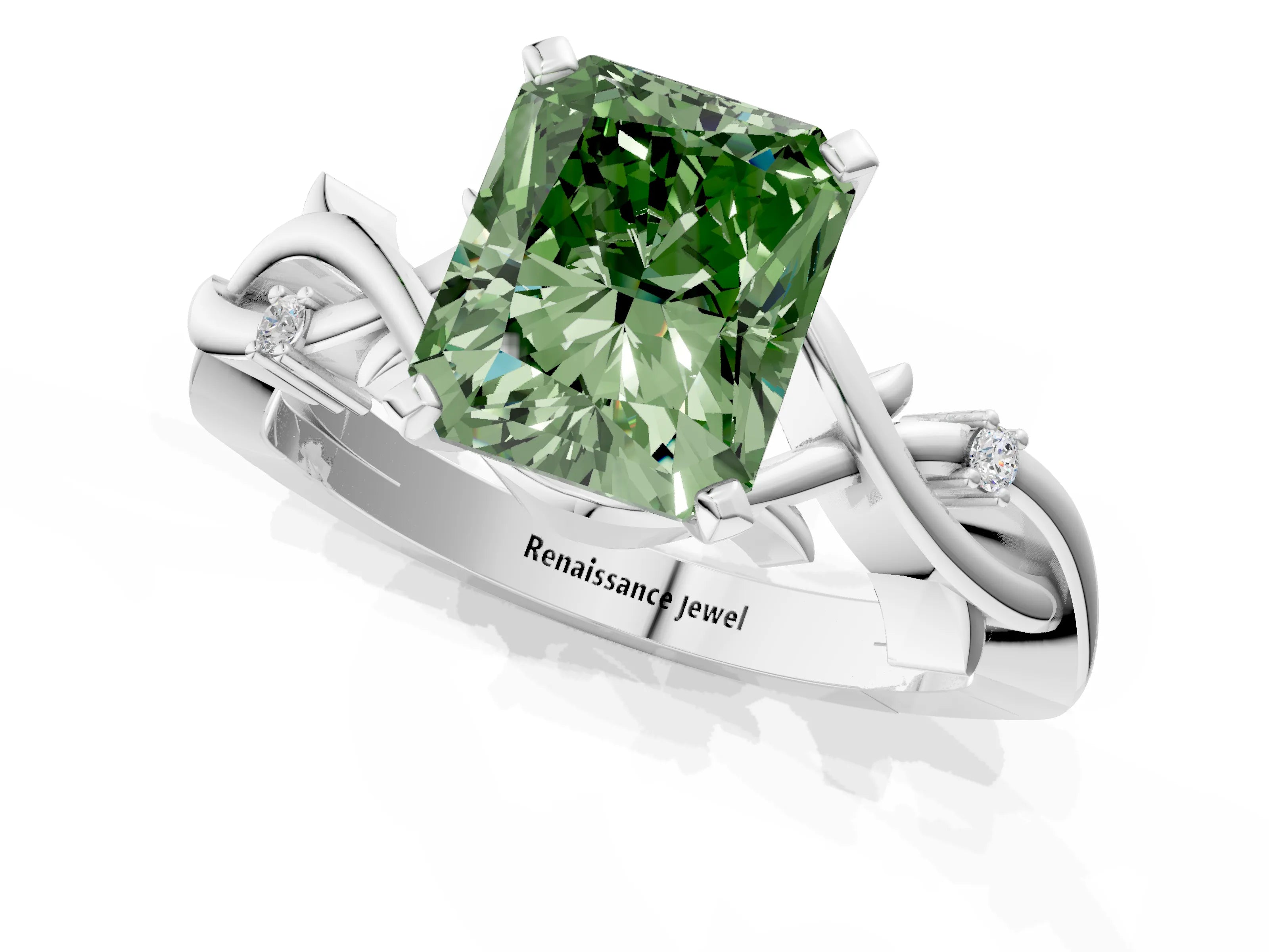 White gold Fancy Green Radiant Cut Diamond Solitaire Ring with Twisted Band and Prong Setting_249