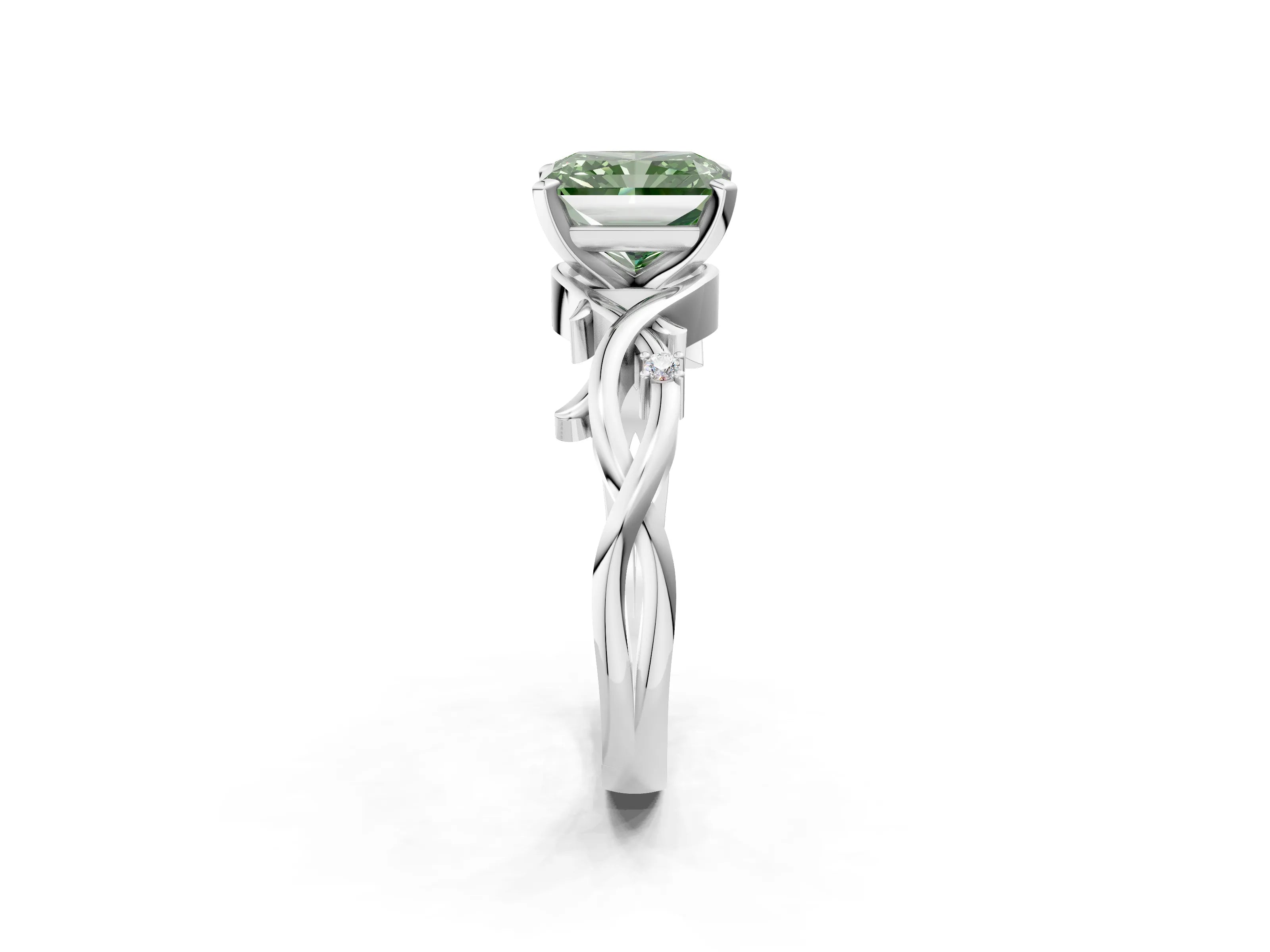 White gold Fancy Green Radiant Cut Diamond Solitaire Ring with Twisted Band and Prong Setting_250