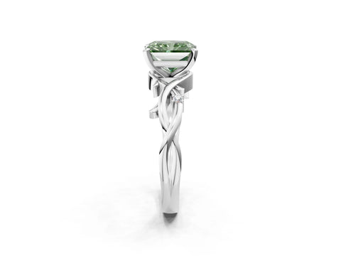 White gold Fancy Green Radiant Cut Diamond Solitaire Ring with Twisted Band and Prong Setting_250