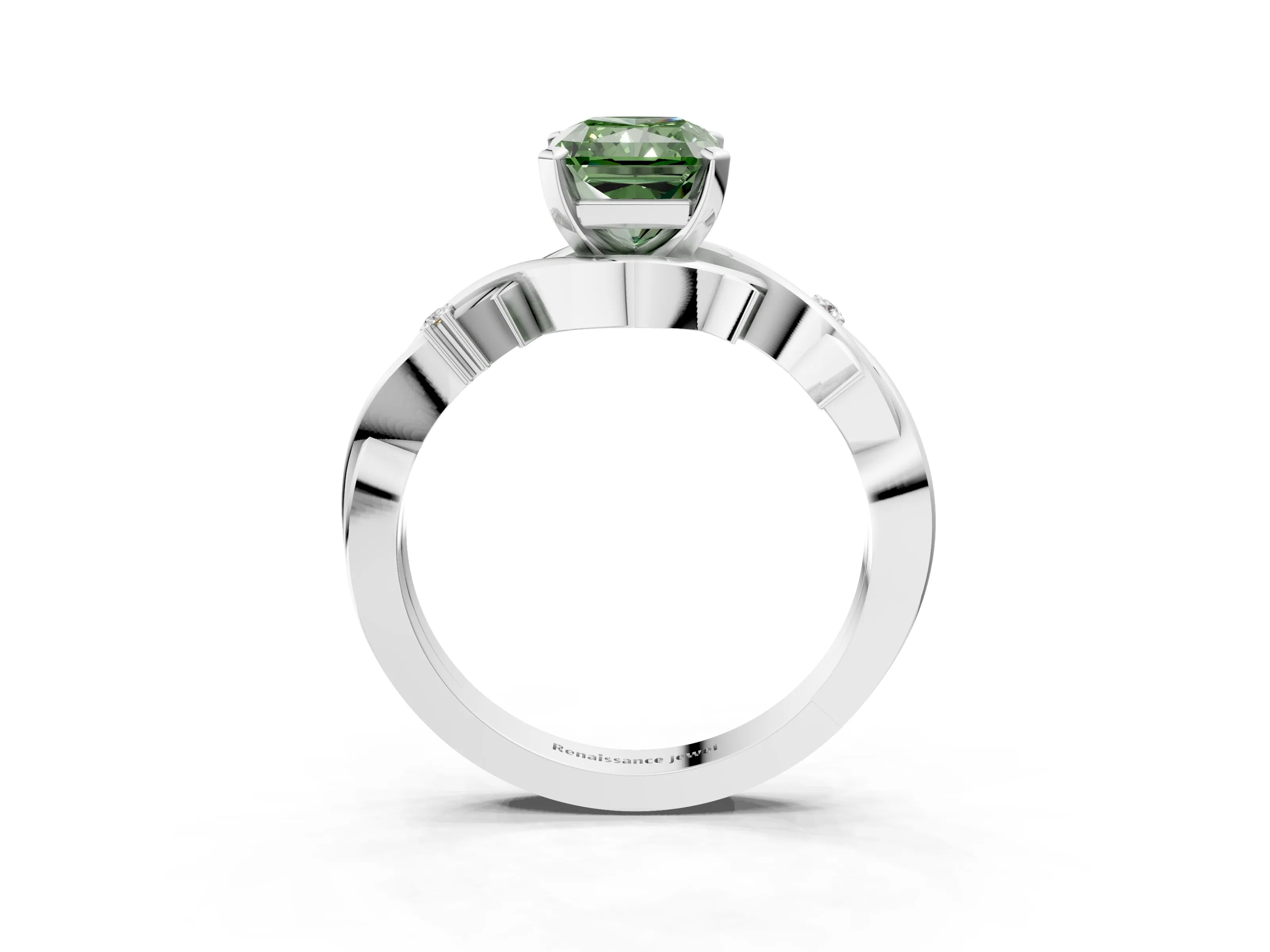 White gold Fancy Green Radiant Cut Diamond Solitaire Ring with Twisted Band and Prong Setting_251