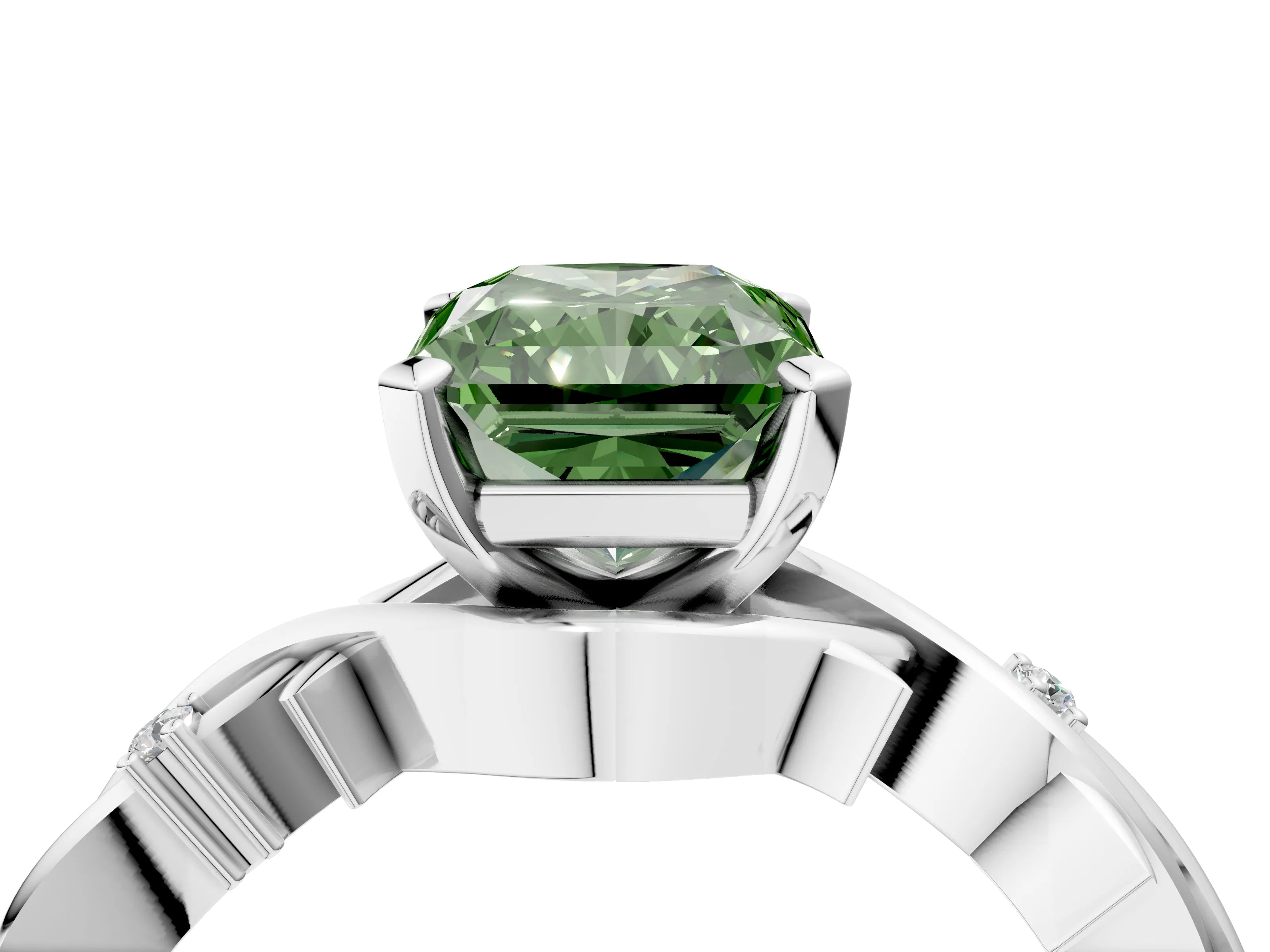 White gold Fancy Green Radiant Cut Diamond Solitaire Ring with Twisted Band and Prong Setting_251