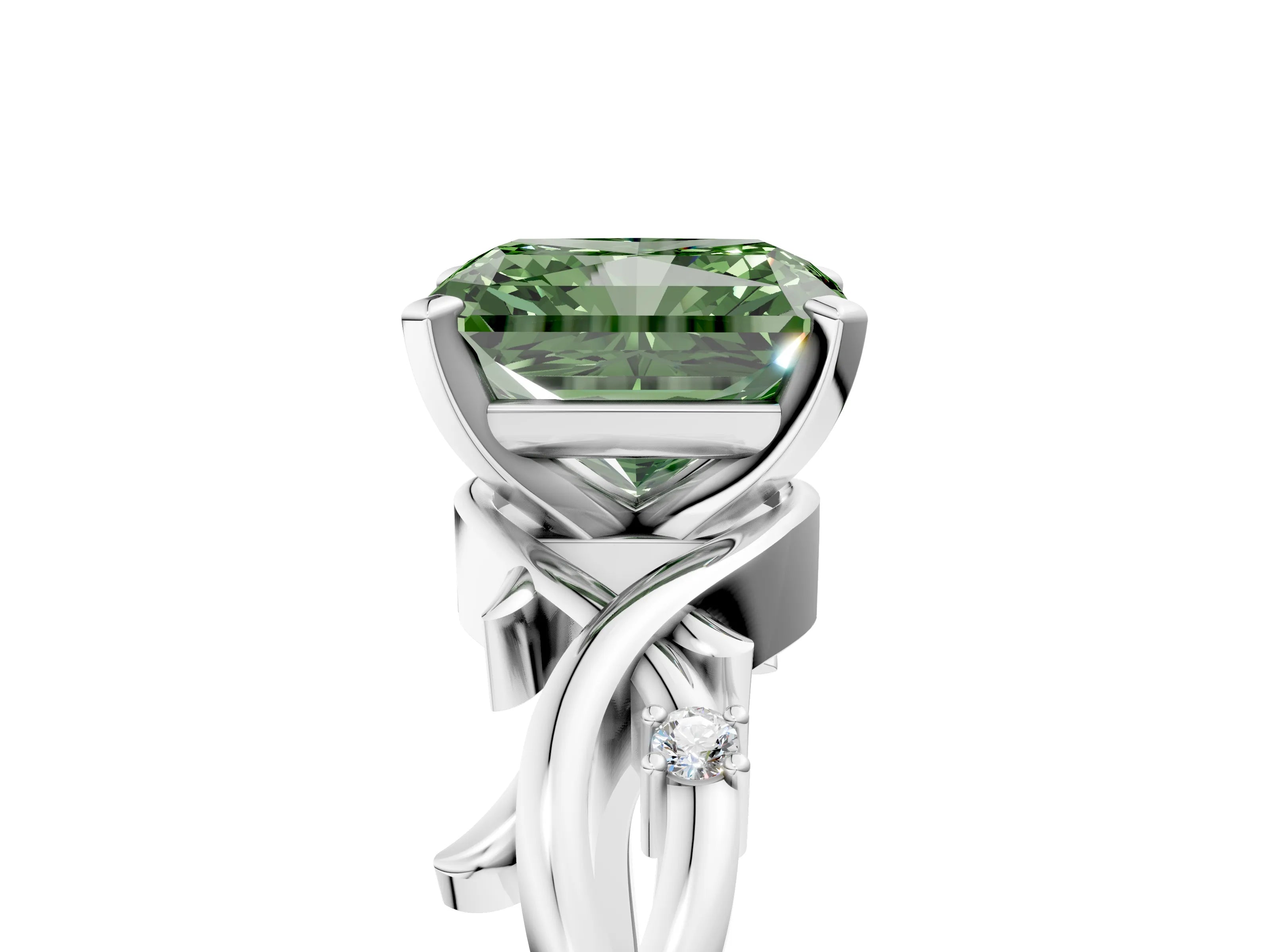 White gold Fancy Green Radiant Cut Diamond Solitaire Ring with Twisted Band and Prong Setting_253