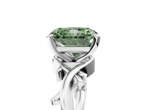 White gold Fancy Green Radiant Cut Diamond Solitaire Ring with Twisted Band and Prong Setting_253