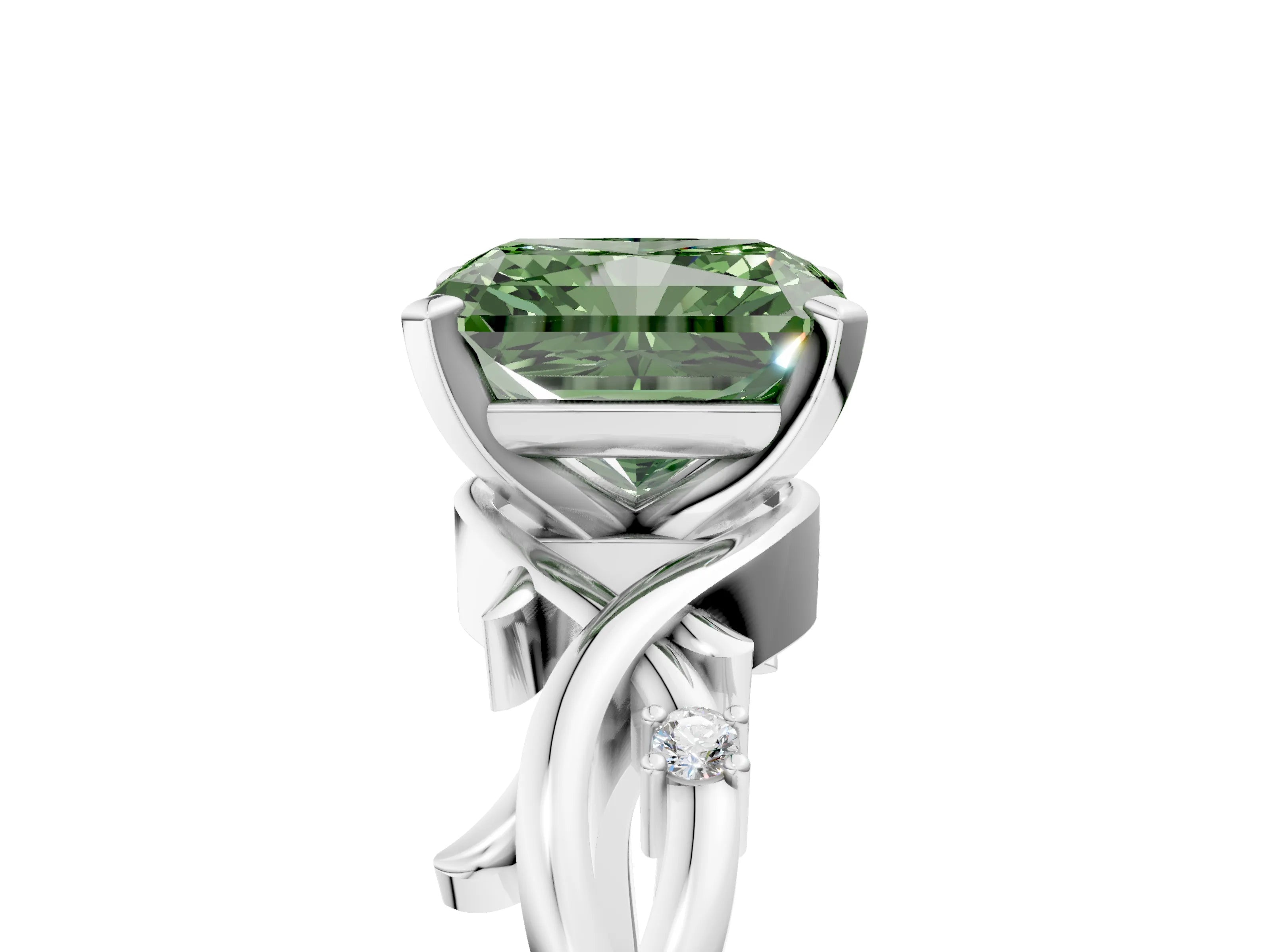 White gold Fancy Green Radiant Cut Diamond Solitaire Ring with Twisted Band and Prong Setting_258