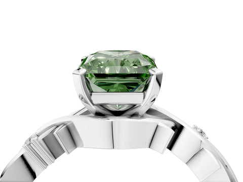 White gold Fancy Green Radiant Cut Diamond Solitaire Ring with Twisted Band and Prong Setting_258