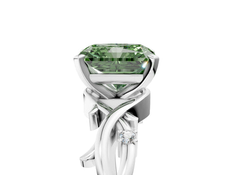 White gold Fancy Green Radiant Cut Diamond Solitaire Ring with Twisted Band and Prong Setting_258
