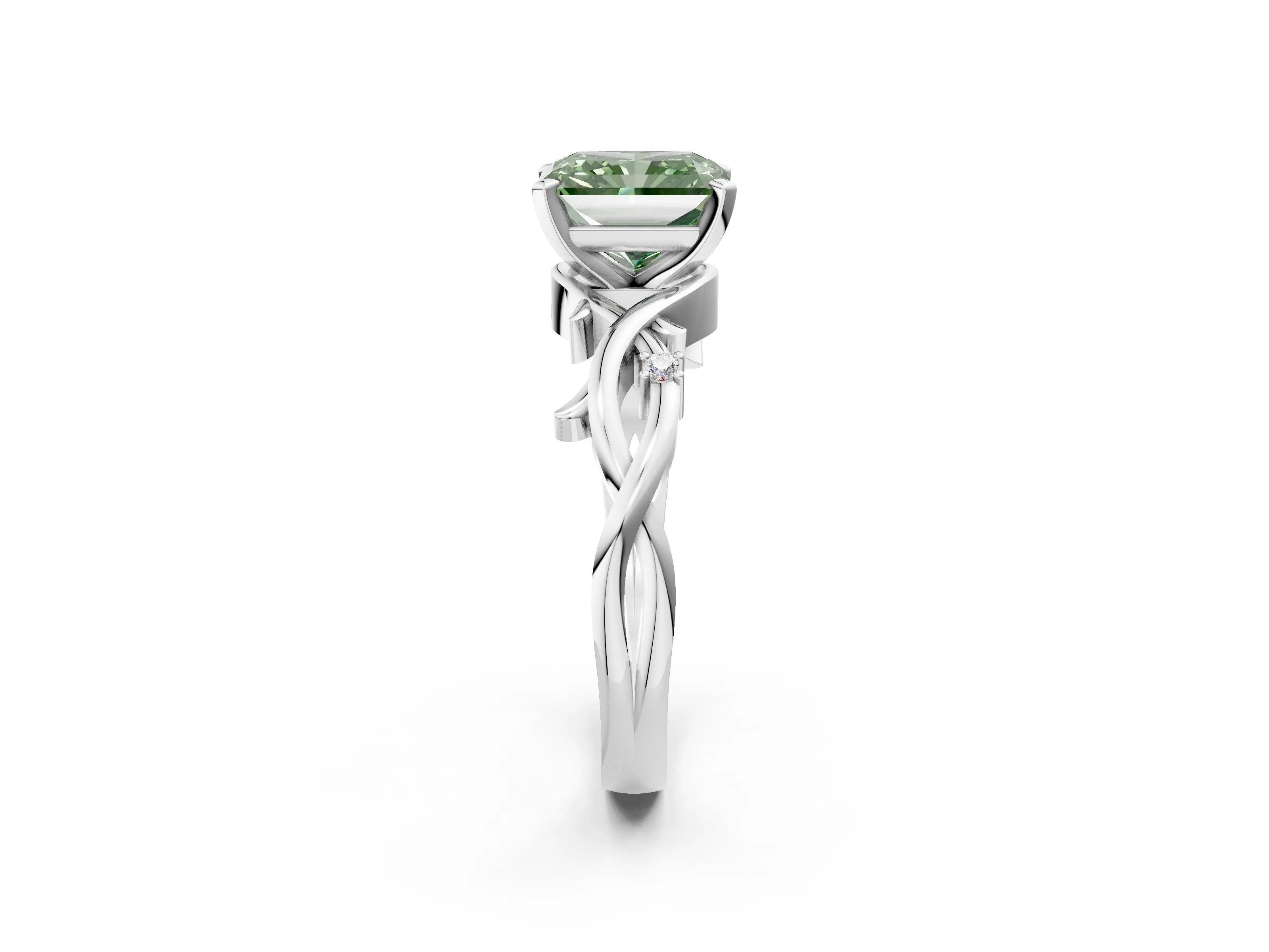 White gold Fancy Green Radiant Cut Diamond Solitaire Ring with Twisted Band and Prong Setting_261