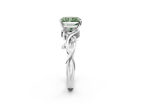 White gold Fancy Green Radiant Cut Diamond Solitaire Ring with Twisted Band and Prong Setting_261