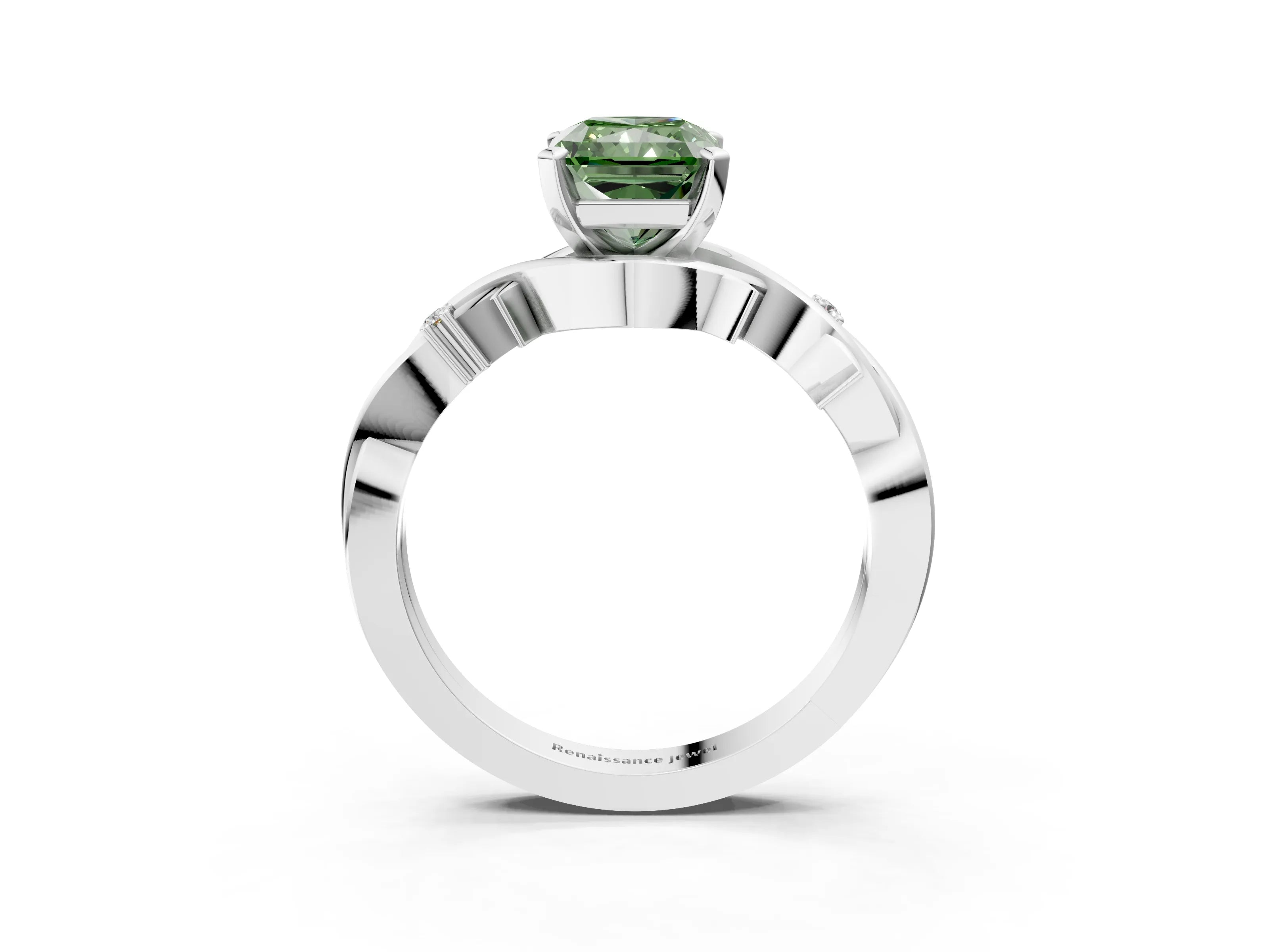 White gold Fancy Green Radiant Cut Diamond Solitaire Ring with Twisted Band and Prong Setting_262