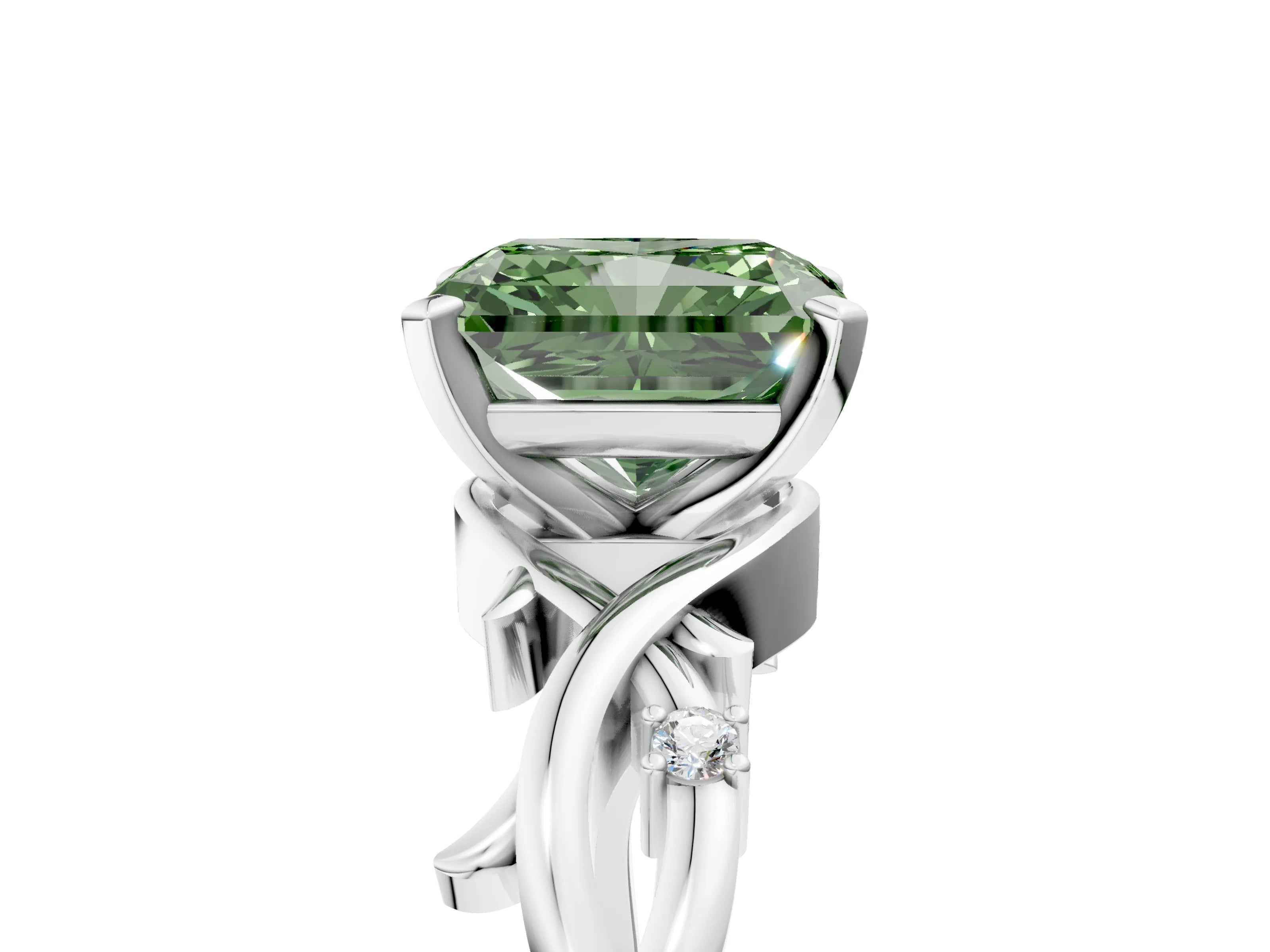 White gold Fancy Green Radiant Cut Diamond Solitaire Ring with Twisted Band and Prong Setting_264