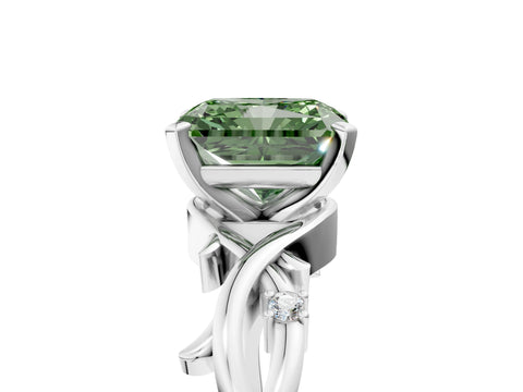 White gold Fancy Green Radiant Cut Diamond Solitaire Ring with Twisted Band and Prong Setting_264