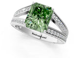 White gold Fancy Green Radiant Cut Diamond Split Shank Ring with Pavé Band and Four-Prong Setting_58
