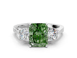White gold Fancy Green Radiant Cut Diamond Three-Stone Engagement Ring with Prong Setting and Pavé Band