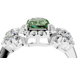 White gold Fancy Green Radiant Cut Diamond Three-Stone Halo Ring with Prong Setting and Pavé Accents_4