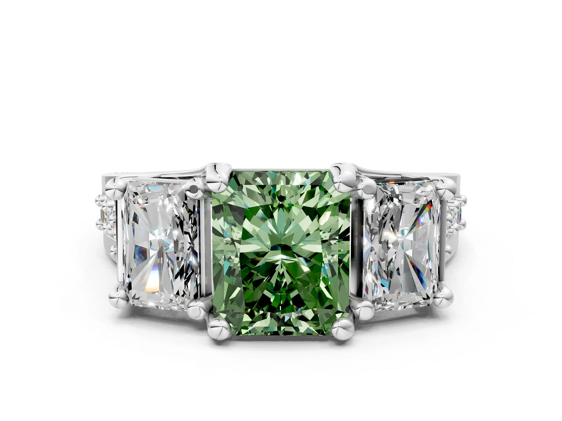 White gold Fancy Green Radiant Cut Diamond Three-Stone Ring with Channel Set Band and Four-Prong Setting_129
