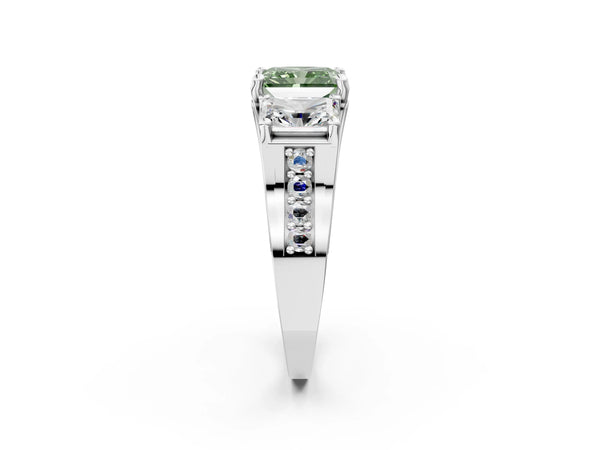 Platinum Radiant Cut Three Stone Pave Engagement Ring Setting for Fancy Green Center with Near-Equal Side Stones