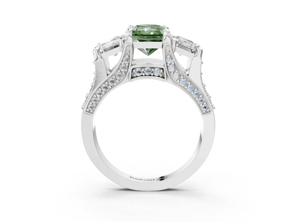 Platinum Radiant Cut Three Stone Pave Engagement Ring Setting for Fancy Green Center with Near-Equal Side Stones
